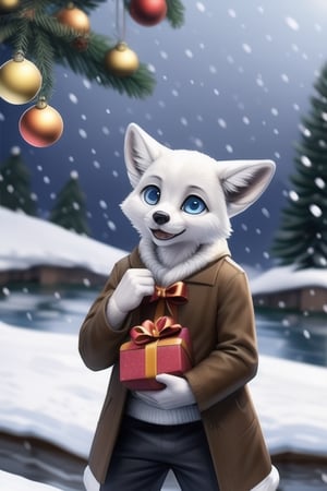 realistic, cute, whiskers, fennic, large ears, male, arctic fox, 1boy, blue eyes, white fur, art by zaush, anthro, masterpiece, best quality, looking at you, detailed, detailed background, sweatpants:0.8, Highest Quality, 4k, masterpiece, Amazing Details, Shallow Depth of Field, E671, standing, paws, chibi, young, chubby, b-ern, fluffy, chest fluff, snow, snowing, winter, wearing coat, christmas tree, bells, happy, holding gift box with bow, holiday,Christmas,christmas tree