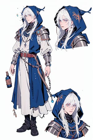 masterpiece, best quality, extremely detailed face, evil medieval alchemist, wearing medieval steel gauntlet, wearing dark blue robes with magical enchantments, dark blue hood that covers some of his hair, wearing chains, a belt with potion bottles, 20 years old handsome male, blue potion bottles, evil, white hair, long hair, white hair, (CharacterSheet:1), (multiple views, full body, upper body, reference sheet:1), back view, front view, (white background, simple background:1.2), ,1guy, masculine,