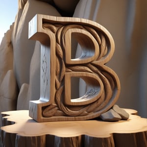 single rustic and robust capital letter B carved into the rock ornament  in vertical position over single clear wood table, all bords  soft curved, no acute corners