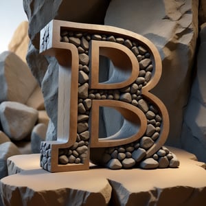 single rustic and robust capital letter B ornament carved into the rock composed by  tiny rocks foormat,  in vertical position,  over single clear wood table, all bords  soft curved, no acute corners