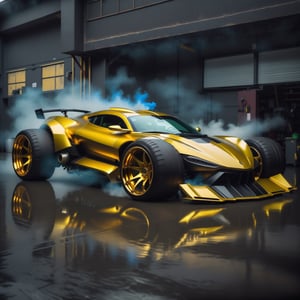 high quality, 3D, 8k, hdr, rgb, (masterpiece), (best quality),(extremely intricate), (extremely detailed), symmetric bilateral sport car, full shot image, sportcar that do not posses direction flare gun and simbols (emblems, logos), just one yellow rear view each car side, perfect and clean car painting and groove tire, perfect isometric car design and wheel center, wheel color (metal painting) (golden and clear wheel - in GOLDEN color, full wheel, car color painting around yellow #eba70a, with extremely low reflection, simetric and much defined  and delimited spoilers, similarity of front spoiler sides, full view of back spoiler fix just with a single curved support, smog dont cover SPOILERS or metalic part of wheels, chrome big scape near back wheel, weel defined interior hoop bord of left front wheel, gap dark of hoog flat and follow lines,  no windshield wipers, view just stems no sprins in suspension, just one rear view with one fix point in door  line up hight of hood and delicate slim stem,  no direction signal light component of headlight or car,  no reflectors acessories in car, modern garage scenary