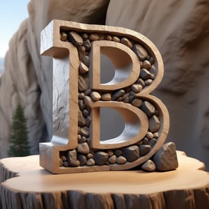 single rustic and robust capital letter B ornament carved into the rock composed by  tiny rocks foormat,  in vertical position,  over single clear wood table, all bords  soft curved, no acute corners