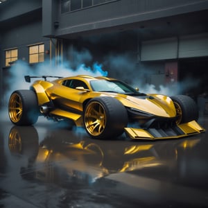 high quality, 3D, 8k, hdr, rgb, (masterpiece), (best quality),(extremely intricate), (extremely detailed), symmetric bilateral sport car, full shot image, sportcar that do not posses direction flare gun and simbols (emblems, logos), just one yellow rear view each car side, perfect and clean car painting and groove tire, perfect isometric car design and wheel center, wheel color (metal painting) tone aproximate to #c8be0d (golden and clear wheel type Rohana Forged RFG1 - without the posterior drillings - in GOLDEN color, fix with just one screw Genuine Williams Formula 1 Wheel Nut ) , full wheel, car color painting around yellow #c5c80b, with extremely low reflection, simetric and much defined  and delimited spoilers, similarity of front spoiler sides, full view of back spoiler fix just with a single curved support, smog dont cover SPOILERS or metalic part of wheels, chrome big scape near back wheel, weel defined interior hoop bord of left front wheel, gap dark of hoog flat and follow lines,  no windshield wipers, view just stems no sprins in suspension, just one rear view with one fix point in door  line up hight of hood and delicate slim stem,  no direction signal light component of headlight or car,  no reflectors acessories in car, modern garage scenary