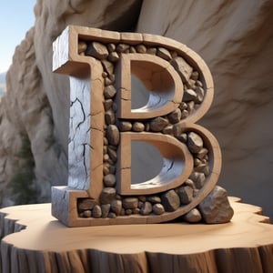 single rustic and robust capital letter B ornament carved into the rock composed by  tiny rocks foormat,  in vertical position,  over single clear wood table, all bords  soft curved, no acute corners