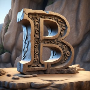 single rustic and robust capital letter B carved into the rock ornament  in vertical position over single clear wood table 