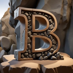 single rustic and robust capital letter B ornament carved into the rock composed by very small rocks foormat,  in vertical position,  over single clear wood table, all bords  soft curved, no acute corners