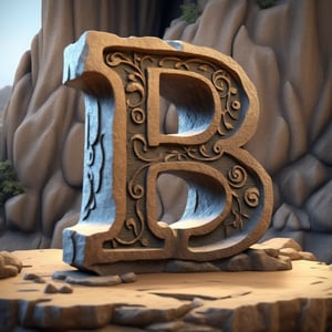 single rustic and robust capital letter B carved into the rock ornament  in vertical position over single clear wood table 