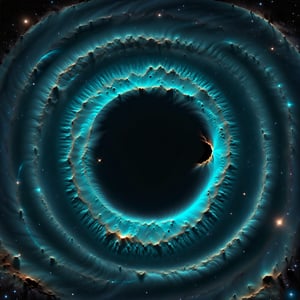 ASTRONOMIC  TELESCOPIC  CAPTURE  SOFT  CYAN  GALACTIC  DUST  REGION  AROUND A DARK CIRCULAR HOLE