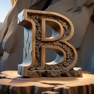 single rustic and robust capital letter B carved into the rock ornament  in vertical position over single clear wood table, all bords  soft curved, no acute corners