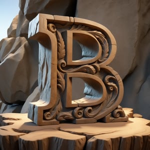single rustic and robust capital letter B carved into the rock ornament  in vertical position over single clear wood table, all bords  soft curved