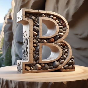 single rustic and robust capital letter B ornament carved into the rock composed by  tiny rocks foormat,  in vertical position,  over single clear wood table, all bords  soft curved, no acute corners