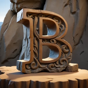 single rustic and robust capital letter B carved into the rock ornament  in vertical position over single clear wood table 