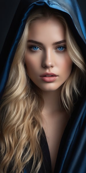 Generate hyper realistic portrait. image of  captivating scene featuring a stunning 21 years old girl like, with medium long blonde hair, flowing curls, prominent lips, standing, covered by a dark colored hooded cloak)), her piercing blue eyes, confidence and modern elegance.photography style,Extremely Realistic, ,darkart,3dmdt1,photo r3al