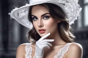 Beautiful brunette, white hat, wearing white lace gloves, Romantic makeup, black and white speedpaint with large strokes and splashes of paint. add shadows and reflections, highly detailed, vibrant, production cinematic character render, hyper-realistic high-quality model, HDR, 3d, 8K, ultra high quality. Digital Art by AlPacifista
,SDXL