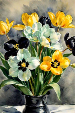 Pierre-auguste Renoir, mint soft watercolors, sunny and tender, rich in detail, petals against a background of black tulips