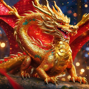 chinaese dragon, Golden and red, full body, new year decorations, hyper-detailed painting, splash, glittering, cute and adorable, filigree, lights, fluffy, magic, surreal, fantasy, digital art, ultra hd, hyper-realistic illustration, vivid colors,  UHD, cinematic perfect light, profile, from above
