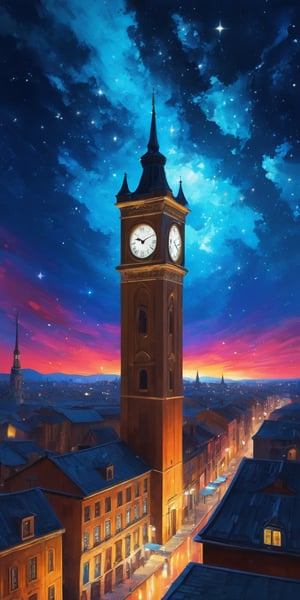 high quality, 8K Ultra HD, Antique clock tower and cityscape made of starry sky, chiaroscuro, perspective, acrylic, oil paint, masterpiece, surrealism, abstract, sketch, impressionism, asymmetry, palette knife, vibrant, perspective, hue, saturation, craftsmanship, brushwork, visual narrative, aesthetics, conceptual, chiaroscuro, vibrant, dynamic, sublime, transcendental, luminism, 3d render, octane render, Isometric, by yukisakura, awesome full color,

