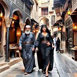 Create a beautiful scene in Old Damascus market alley , Two old Men sitting at a folk Cafe stairing and watching people passing by , ((((1 woman walking , beautiful sexy woman wearing traditional Arabian black Sexy abayah showing legs and cleavage)))) , Extremely detailed and intricate ,  8kUHD, ,science fiction