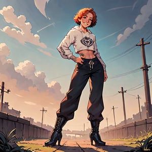 cute girl, round face, big nose, curly hair, short hair, bright red hair, big green eyes, wide hips, big butt, flat chest, muscular legs, strong thighs, freckles, tattooed arms,

wearing baggy pants, baggy hoodie, high-heeled boots, powerful pose, standing on hill looking over wastelands below, smiling, windy, dramatic sky, rating_safe, 

score_9, score_8_up, score_7_up, score_6_up, source_anime, high res image,masterpiece,best quality, clear skin,shiny hair,ultra detailed eyes