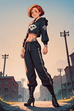 cute girl, round face, big nose, curly hair, short hair, bright red hair, big green eyes, wide hips, big butt, flat chest, muscular legs, strong thighs, freckles, tattooed arms,

wearing baggy pants, baggy hoodie, high-heeled boots, powerful pose, standing on hill looking over wastelands below, smiling, windy, dramatic sky, rating_safe,

score_9, score_8_up, score_7_up, score_6_up, source_anime, high res image,masterpiece,best quality, clear skin,shiny hair,ultra detailed eyes