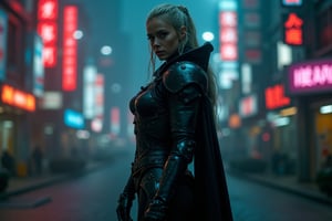 an full body realistic shot with ultra detailed photo of a fierce nordic warrior princess wearing a black metal cyborg suit. Dystopian and abandoned Tokyo with neon lights in the background. hyper realistic photo, UHD quality. hyper realistic photo, UHD quality., focus,more detail XL