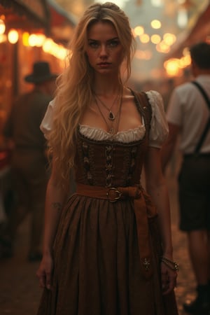 Photorealistic cinematic portrait of a lone woman in traditional Bavarian attire, captured in a full-body shot standing on the Octoberfest. Her posture exudes confidence as she stands facing the viewer, her long legs with high-heels taking a wide stance, dominating the frame. She wears an intricately detailed dirndl that billows gracefully around her legs, its fabric rich in texture and detail. Her blonde hair flows down her back in natural waves, catching the light. Piercing brown eyes with lifelike depth gaze intensely at the viewer, set in a face with highly detailed skin texture showing natural pores and subtle variations in tone. Her lips are painted a deep crimson, the only visible makeup. The lighting creates a chiaroscuro effect, emphasizing the woman's striking figure. Her expression is one of poised intensity, as if ready to spring into action at any moment. The overall image has a cinematic quality, with a color palette dominated by rich, deep tones that enhance the atmosphere of tension and drama.
(photorealistic, shot on professional camera, perfect lighting, cinematic light, accurate anatomy)