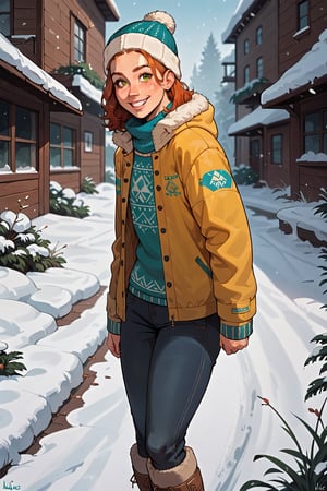 cute girl, round face, big nose, curly short bright red hair, big green eyes, wide hips, big butt, flat chest, muscular legs, strong thighs, freckles, tattooed arms, pubic hair,

Winter pants, winter pullover with turtle neck, winter jacket, woolly hat, winter boots, posing in winter landscape with snow, smiling, rating_safe, view from side,

score_9, score_8_up, score_7_up, score_6_up, source_anime, high res image,masterpiece,best quality, clear skin,shiny hair,ultra detailed eyes