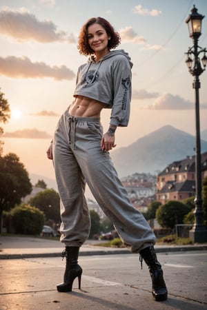 cute girl, round face, big nose, curly hair, short hair, bright red hair, big green eyes, wide hips, big butt, flat chest, muscular legs, strong thighs, freckles, tattooed arms,

wearing baggy pants, baggy hoodie, high-heeled boots, powerful pose, standing on hill looking over wastelands below, smiling, windy, dramatic sky, rating_safe,

score_9, score_8_up, score_7_up, score_6_up, score_5_up, raw photo, professional photography, ((medium shot photo)),  movie still, cinematic lighting, extreme photorealism, highly detailed, intricate detail, Low-key lighting Style