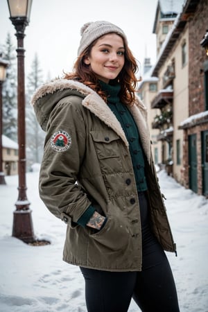 cute girl, round face, big nose, curly short bright red hair, big green eyes, wide hips, big butt, flat chest, muscular legs, strong thighs, freckles, tattooed arms, pubic hair,

Winter pants, winter pullover with turtle neck, winter jacket, woolly hat, winter boots, posing in winter landscape with snow, smiling, rating_safe, view from side,

score_9, score_8_up, score_7_up, score_6_up, score_5_up, raw photo, professional photography, ((medium shot photo)),  movie still, cinematic lighting, extreme photorealism, highly detailed, intricate detail, Low-key lighting Style