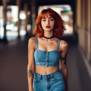 Full body photo of 1girl wearing tight jeans and crop top walking down a street with a powerful pose
, (28 yo, athletic, short red hair, pale skin, green eyes, small breast, thick hips, big ass, thick thighs, tattooed body)
