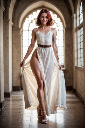 cute girl, round face, big nose, curly short bright red hair, big green eyes, wide hips, big butt, flat chest, muscular legs, strong thighs, freckles, tattooed arms, pubic hair,

elegant long medieval dress, belt, high heels, dancing in hallway of monastery, light shining through windows on side, smiling, rating_safe, 

score_9, score_8_up, score_7_up, score_6_up, score_5_up, raw photo, professional photography, ((medium shot photo)),  movie still, cinematic lighting, extreme photorealism, highly detailed, intricate detail, Low-key lighting Style