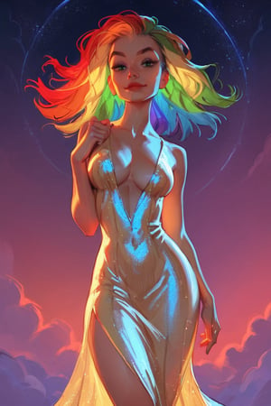 score_9, score_8_up, score_7_up, gorgeous woman, looking at viewer, long rainbow hair, green_eyes, light smirk, sheer golden dress, night city background, (detailed, detailed face)