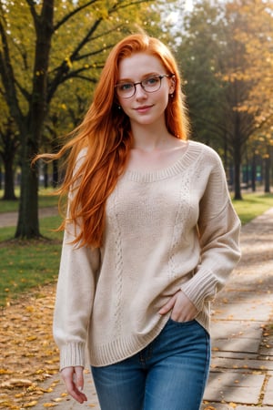 cute ginger girl, long hair with undercut, glasses, long sweater, casual clothes, walking in a park, detailed skin, pore, low key, full body shot, masterpiece, best quality, photorealistic, raw photo

