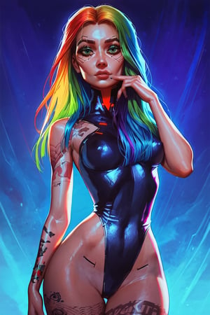 score_9, score_8_up, score_7_up, rating_explicit, sensual, cyberpunk, pretty woman, looking at viewer, mischivious, long rainbow hair, tattoos, green_eyes, light makeup, intricate clothes, perky breasts, wide hips, night city background, (detailed, detailed face)