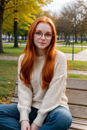 cute ginger girl, long hair with undercut, glasses, long sweater, casual clothes, sitting in a park, detailed skin, pore, low key, full body shot, masterpiece, best quality, photorealistic, raw photo
