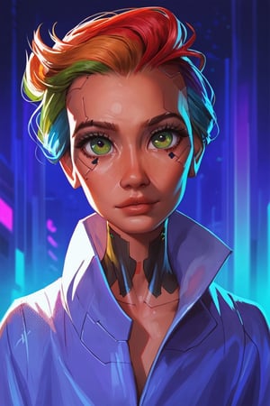 score_9, score_8_up, score_7_up, cyberpunk,  35 yo woman, looking at viewer, long straight rainbow hair, green_eyes, business clothes, night city background, (detailed, detailed face)