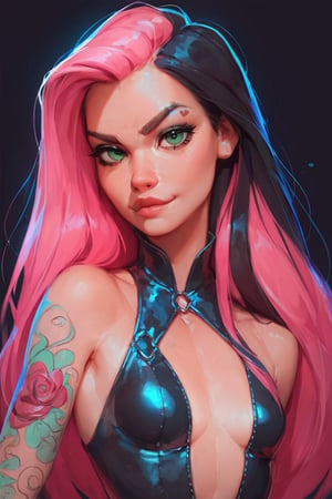 score_9, score_8_up, score_7_up, gorgeous woman, looking at viewer, long hair, bare shoulders, (black hair, pink hair, two-tone hair), tattoos, green eyes, full pouty lips, seductive smirk, red makeup, black background, small breasts, detailed explicit clothes, revealing clothes, looking at viewer