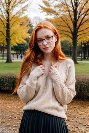 beatiful ginger girl, long hair with undercut, glasses, long sweater, skirt, relaxing in a park, detailed skin, pore, low key, full body shot, masterpiece, best quality, photorealistic, raw photo
