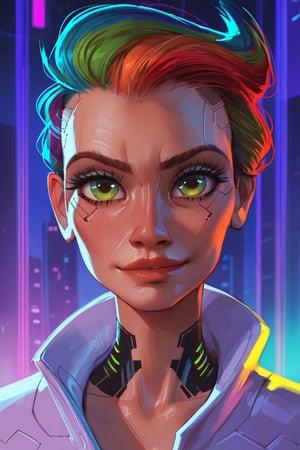 score_9, score_8_up, score_7_up, cyberpunk,  gorgeous woman, looking at viewer, long rainbow hair, green_eyes, light smirk, businesswoman, night city background, (detailed, detailed face)