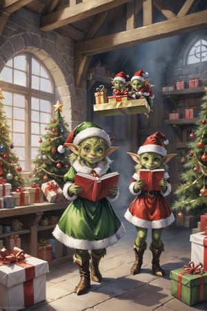 ((full body)) photo of a group of young happy female goblins. wearing christmas outfit. holding a present. santa's workshop. digital art, 8K resolution, ultra quality, Watercolor, intricate details, highly detailed, greg rutkowski, more detail XL
