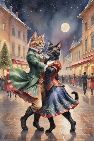 ((full body)) Photo, 2 cats dancing tango in a town square. wearing intricate clothes. christmas theme. digital art, 8K resolution, ultra quality, Watercolor, intricate details, highly detailed, greg rutkowski, more detail XL