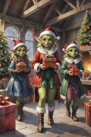 ((full body)) photo of a group of young happy female goblins. wearing christmas outfit. holding a present. santa's workshop. digital art, 8K resolution, ultra quality, Watercolor, intricate details, highly detailed, greg rutkowski, more detail XL