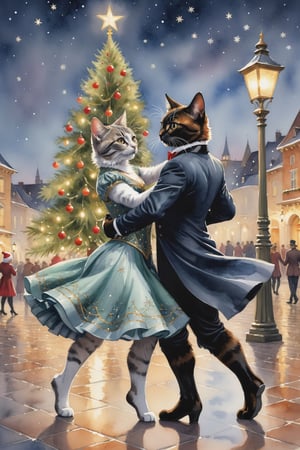 ((full body)) Photo, 2 cats dancing tango near a christmas tree in a town square, wearing intricate clothes, looking at each other. christmas theme. evening, street lights. digital art, 8K resolution, ultra quality, Watercolor, intricate details, highly detailed, greg rutkowski, more detail XL