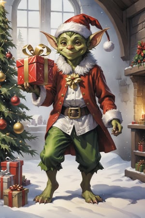 ((full body)) photo of young happy male goblin. wearing christmas outfit. holding a present. santa's workshop. digital art, 8K resolution, ultra quality, Watercolor, intricate details, highly detailed, greg rutkowski, more detail XL