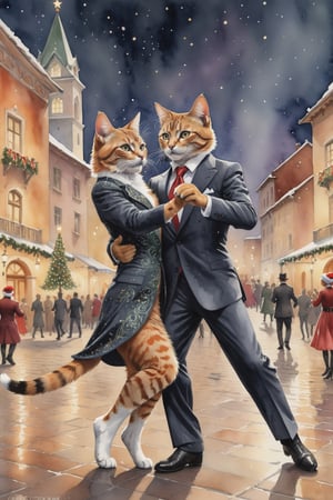 ((full body)) Photo, 2 cats dancing tango in a town square. wearing intricate suits. christmas theme. digital art, 8K resolution, ultra quality, Watercolor, intricate details, highly detailed, greg rutkowski, more detail XL
