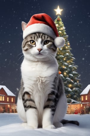 masterpiece, best quality, cat as a snowman, wearing santa's hat, christmas tree, presents, snow, night, industrial site background, ultra-realistic, very high detail
