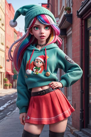 Photo of punk girl with a present, long rainbow hair, green_eyes, santa hoodie, skirt, santa's hat, RAW photo, analog style, beauty, black contour lipstick, Realism,  photorealistic, Detailedface, 3DMM