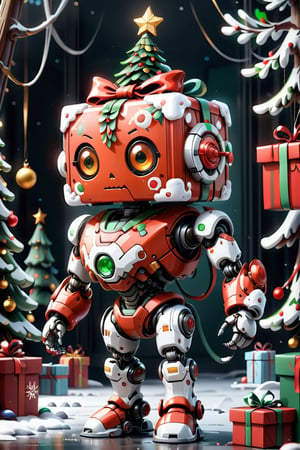 [cute christmas present box] robot, frostracetech, cyborg style, (Christmas theme, Christmas tree)