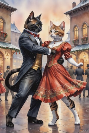 ((full body)) Photo, 2 cats dancing tango in a town square. wearing intricate clothes. looking at each other. christmas theme. digital art, 8K resolution, ultra quality, Watercolor, intricate details, highly detailed, greg rutkowski, more detail XL