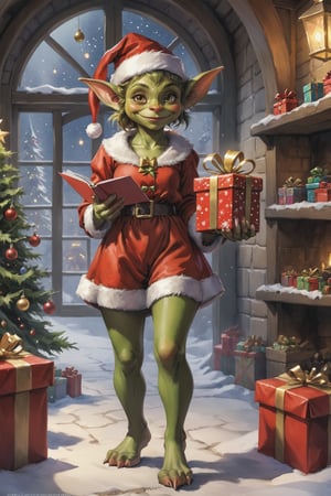 ((full body)) photo of young happy female goblin. wearing christmas outfit. holding a present. santa's workshop. digital art, 8K resolution, ultra quality, Watercolor, intricate details, highly detailed, greg rutkowski, more detail XL